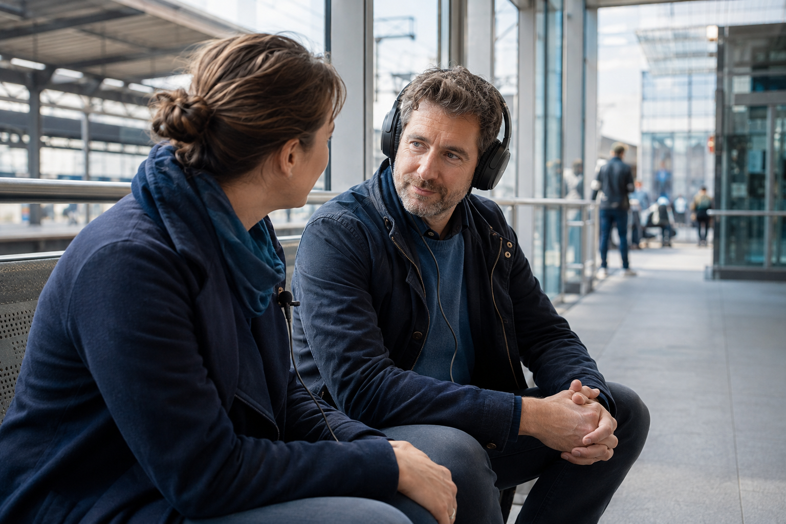 Two adults speaking in a station while one keeps over-ear headphones on and the other uses a small clip microphone.